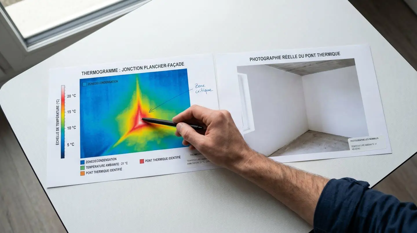 Deux impressions A4 côte à côte sur table de travail : thermogramme en couleurs révélant un pont thermique rouge-orange à une jonction plancher-façade, et photo réelle correspondante sans anomalie visible, main pointant la zone critique