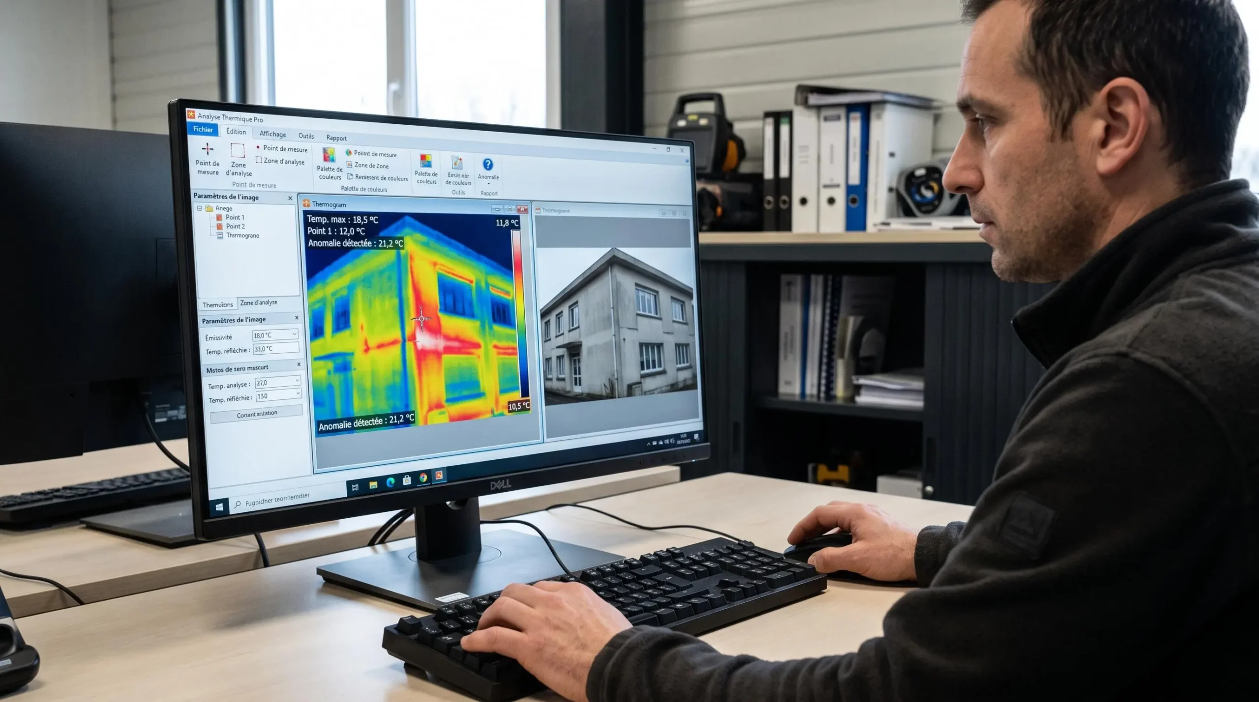 Écran d'ordinateur affichant un logiciel professionnel de thermographie avec thermogramme annoté d'une façade en palette de couleurs et interface en français, mains d'un technicien sur clavier