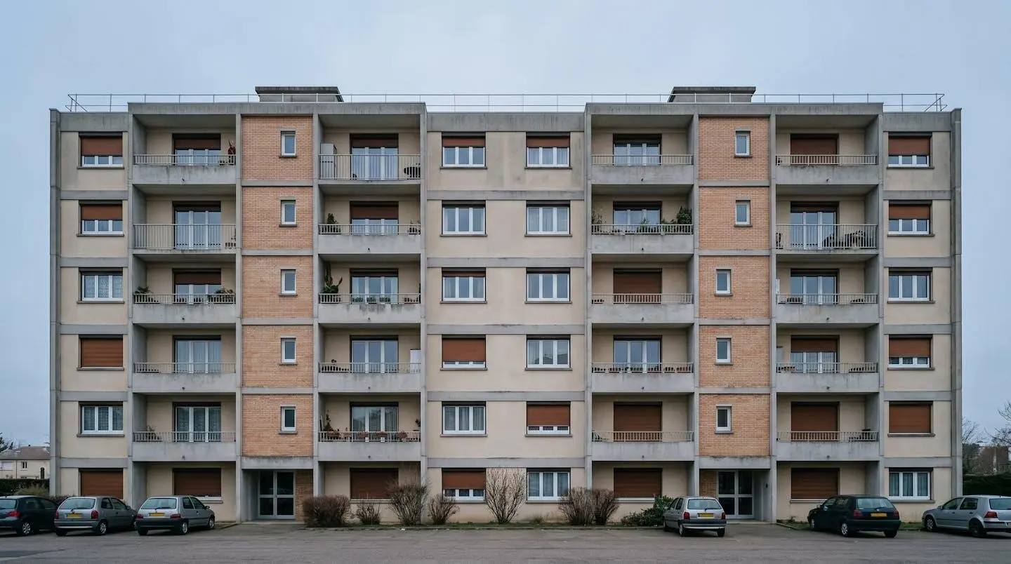 Façade d'immeuble résidentiel des années 1970 photographiée à l'aube sous ciel couvert, conditions météo sèches et diffuses optimales pour inspection thermographique