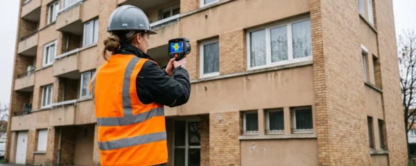 Thermographe professionnel en gilet haute visibilité inspectant une façade d'immeuble ancien avec une caméra thermique infrarouge, l'écran affichant un thermogramme en couleurs avec palette de température