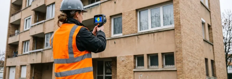 Thermographe professionnel en gilet haute visibilité inspectant une façade d'immeuble ancien avec une caméra thermique infrarouge, l'écran affichant un thermogramme en couleurs avec palette de température